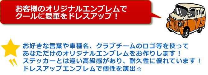 お好みのオリジナルエンブレムでよりゴージャスに愛車をドレスアップ 